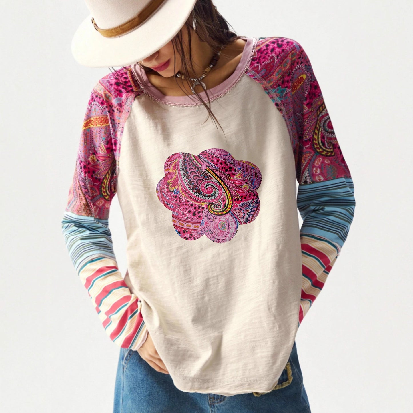 Women's Printed Crew Neck Casual Vacation Color Contrast Large Size T-shirt