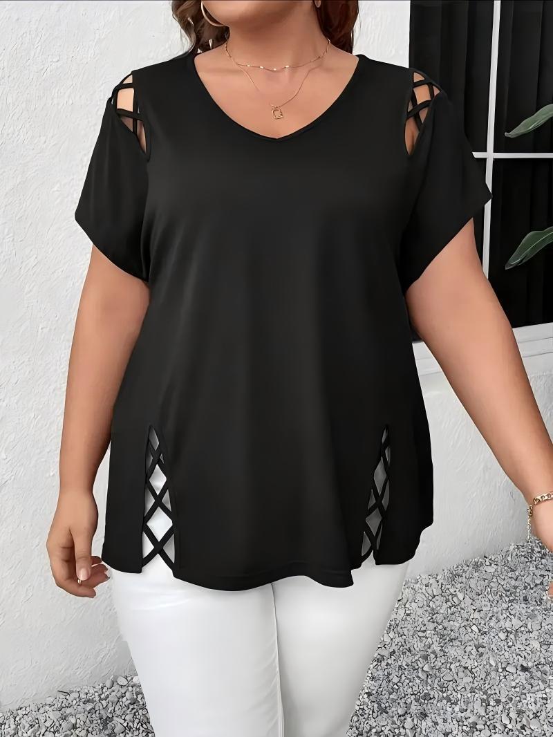 Women's Summer Casual Short-sleeved Shoulder Side Cross Large Size T-shirt