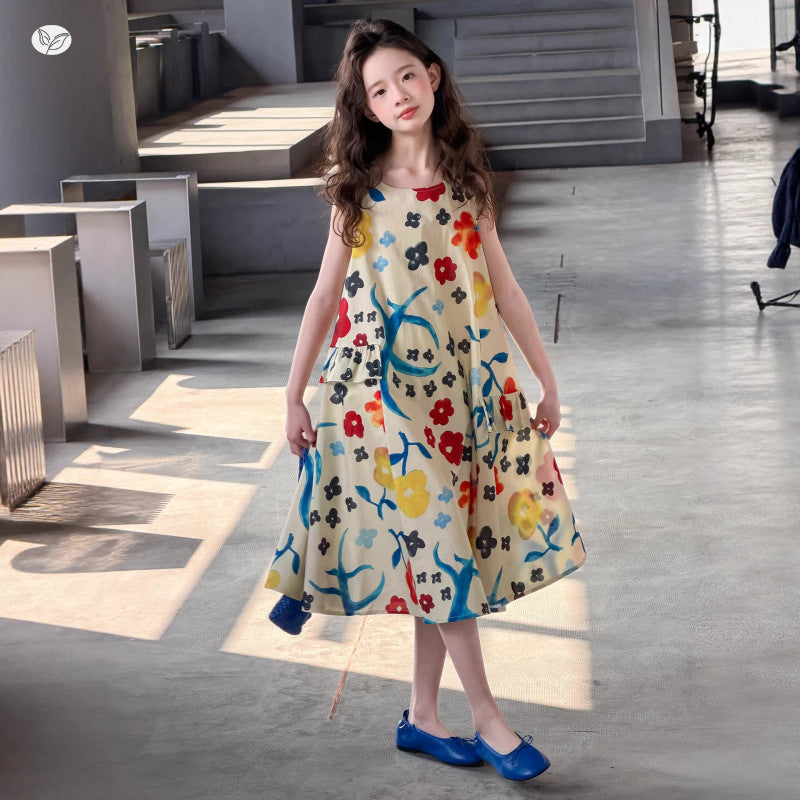Children's Vest Vacation Style Beach Long Floral Children's Dress