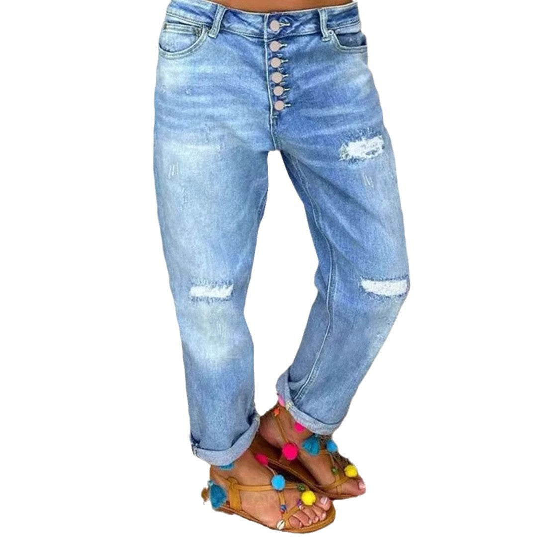 Women's Blue With Holes Loose Washed-out Straight Jeans