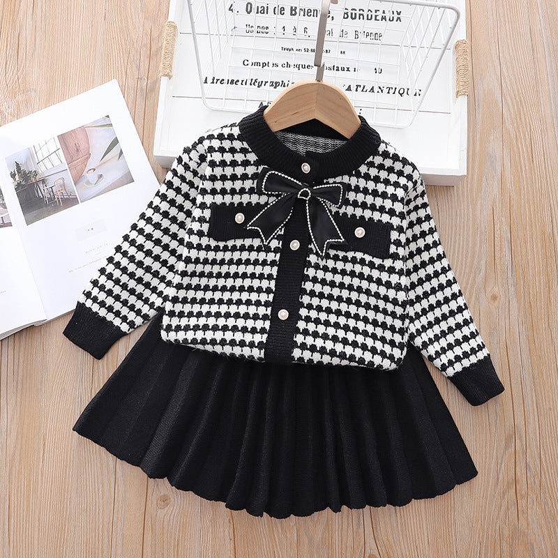 Korean Style Sweater Cardigan Skirt Knitted Crew Children's Suit