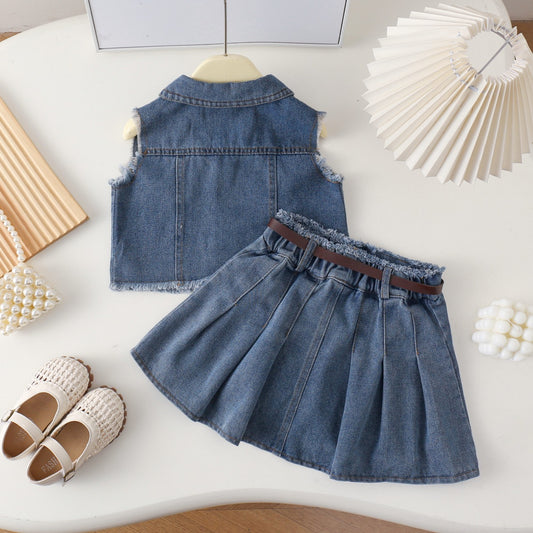 Denim Vest Plus Skirt Two-piece Cute Children's Suit
