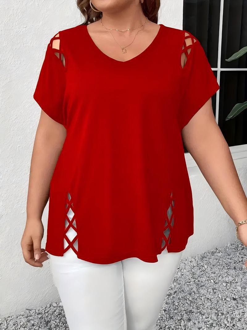 Women's Summer Casual Short-sleeved Shoulder Side Cross Large Size T-shirt