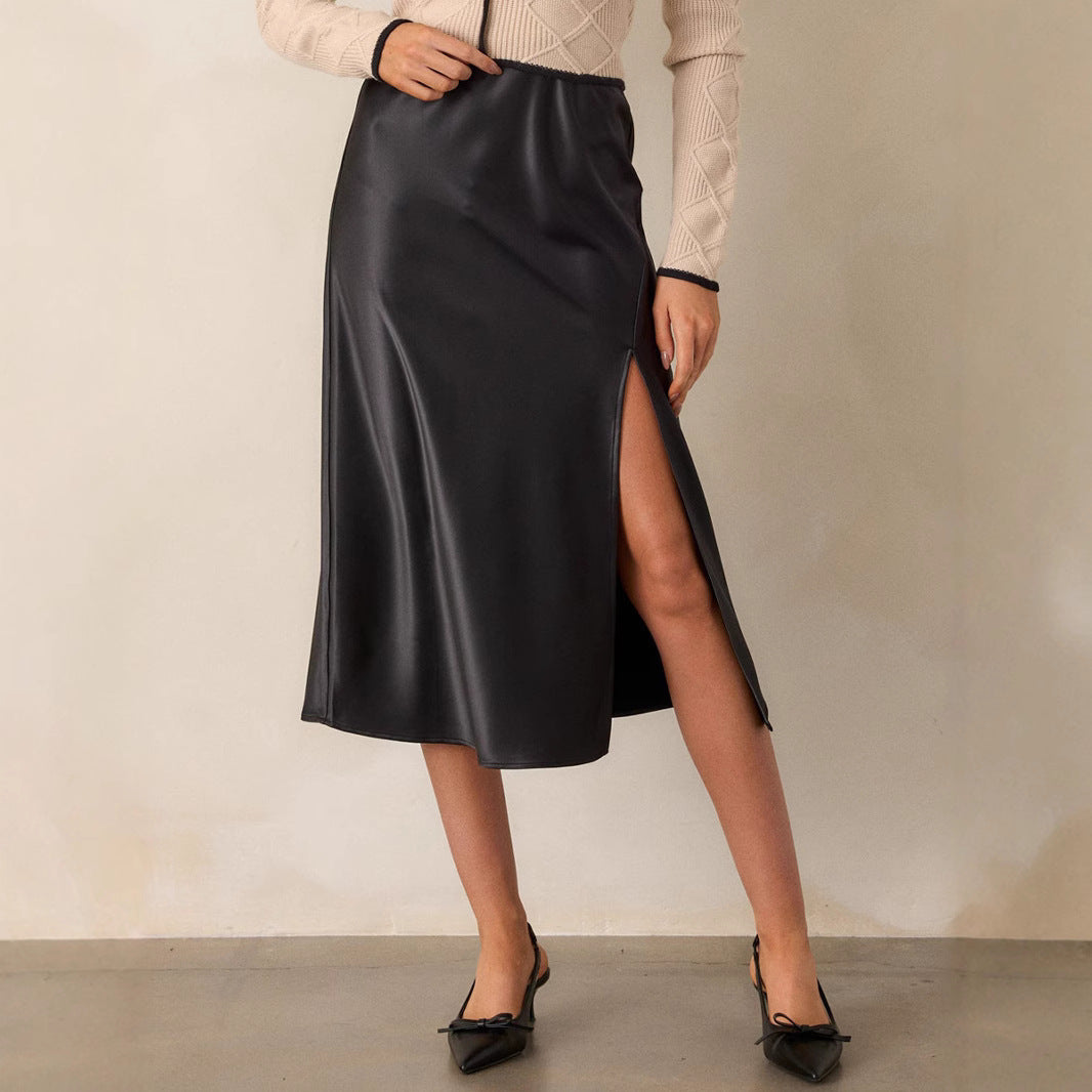 Women's Satin High Waist Elastic Oblique Slit Long Skirt
