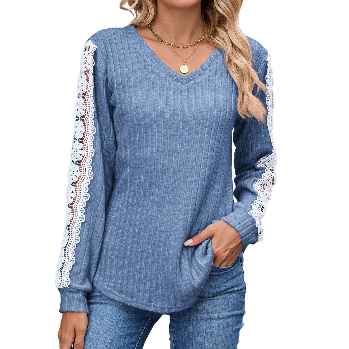 Women's Loose Long Sleeve Lace In Contrast Women's T-shirt