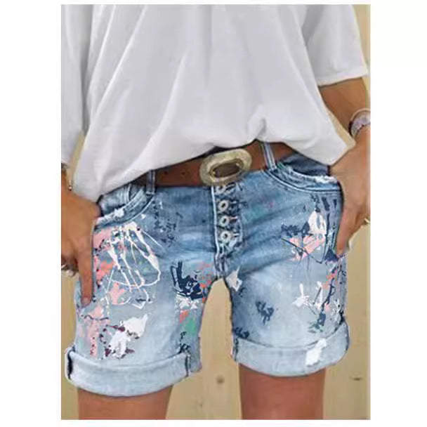 Women's Denim Breasted Slim Hot Half-length Printing Women's Jeans