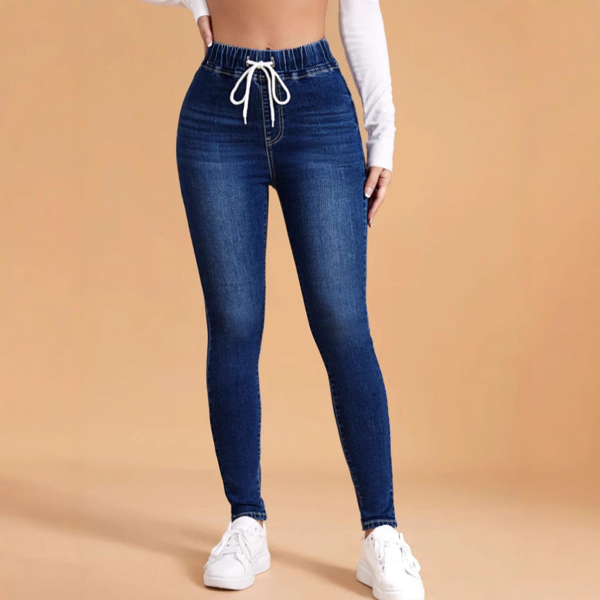 Women's Fashionable Tight Elastic Waist Drawstring Denim Women's Jeans