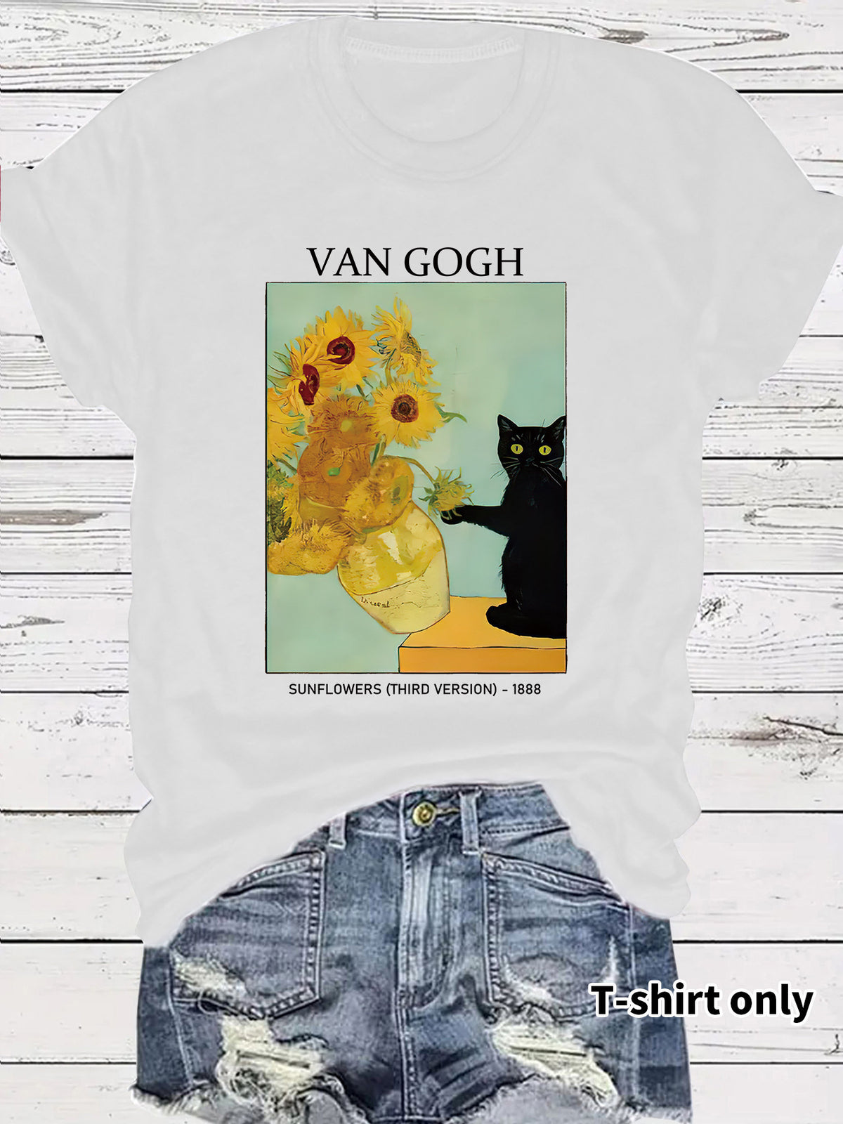 Women's Van Gogh Sunflower Cat Art Print Loose Casual Round Neck Women's T-shirt