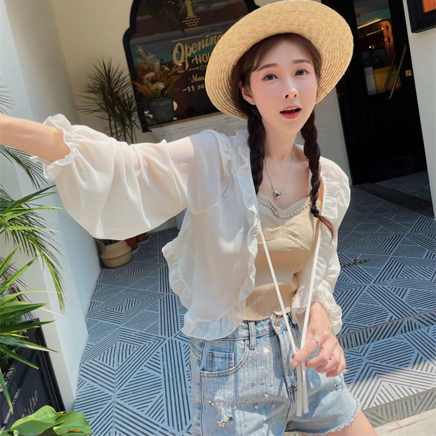 Women's Thin Summer Loose Long Sleeve With Suspender Distribution Strictly Lace Shirt, Chiffon Shirt
