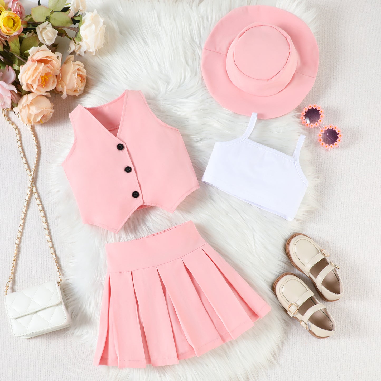 Fashion Single Breasted Vest Camisole Top Pleated Skirt Hat Children's Suit