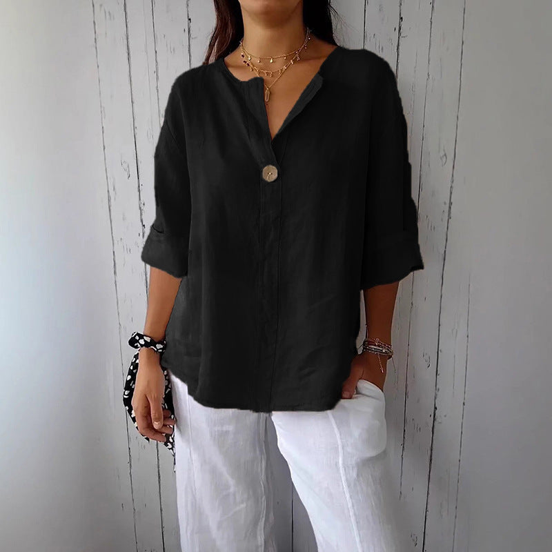 Women's Summer Loose Solid Color Buttons Cotton Blouse