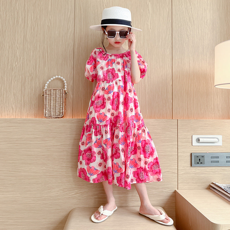 Children's Big Flower Summer Loose Western Style Korean Floral Lazy For Children's Dress