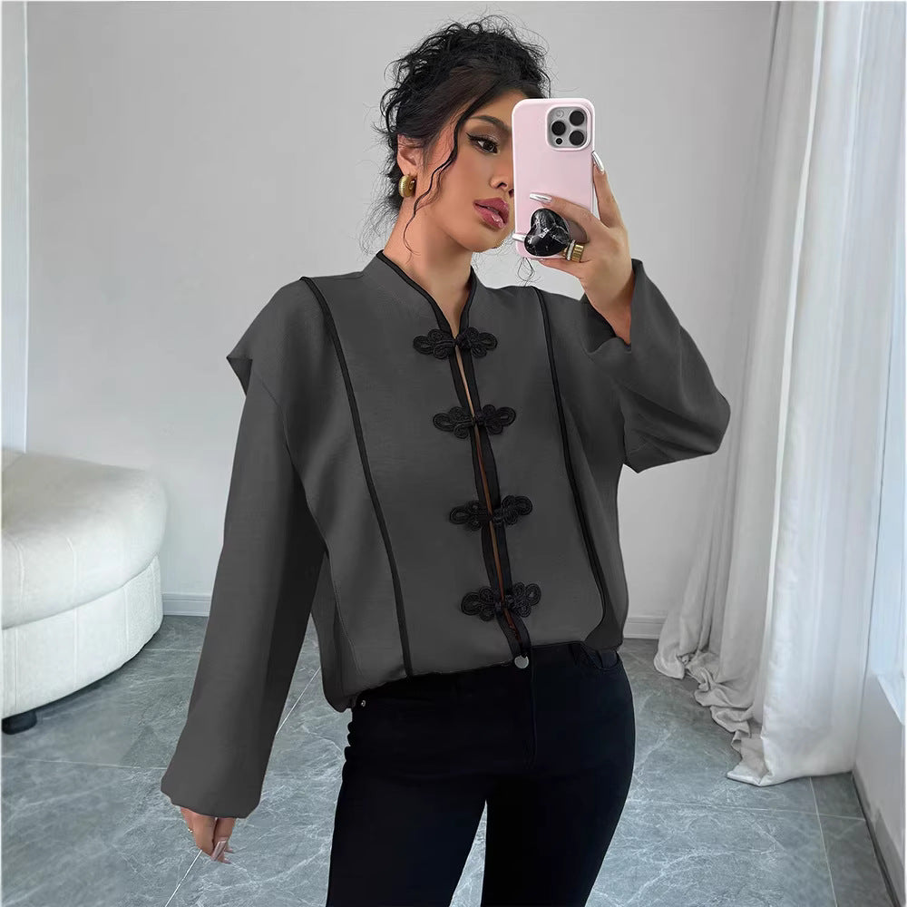 Women's Knot Design Sense National Style Long-sleeved Artistic Blouse