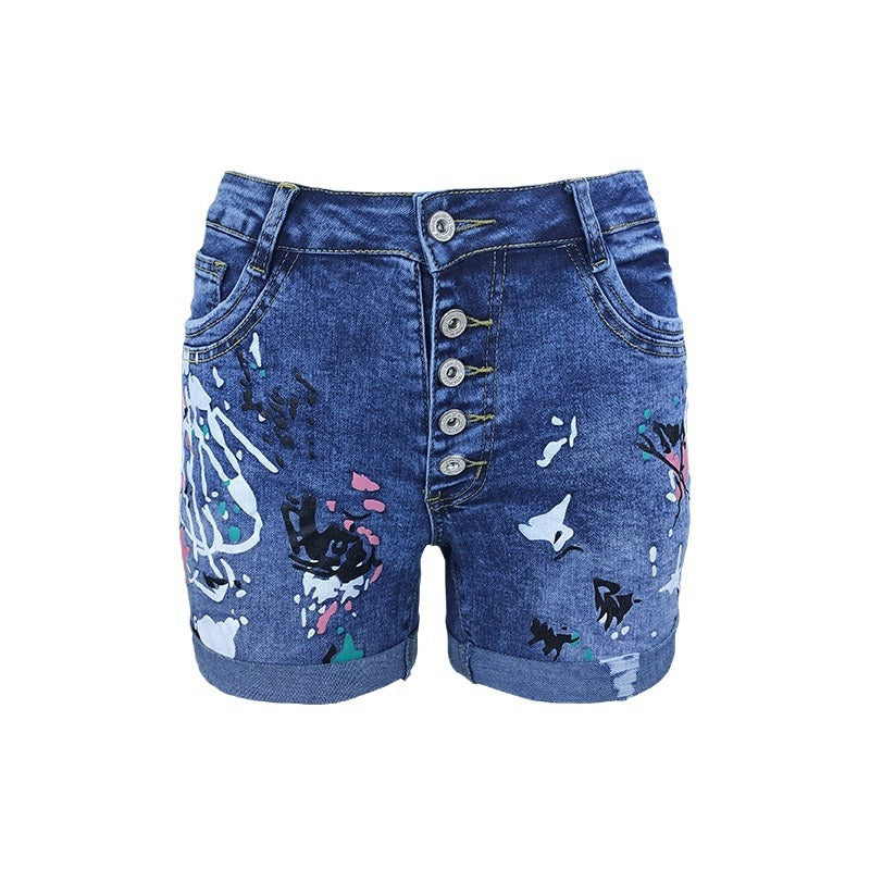 Women's Denim Breasted Slim Hot Half-length Printing Women's Jeans