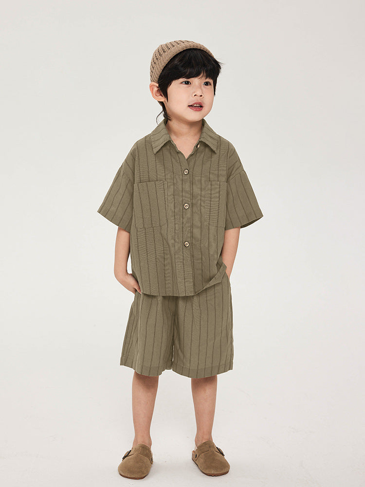 Children's Summer Cotton Linen Striped Shirt Short Sleeve Children's Suit