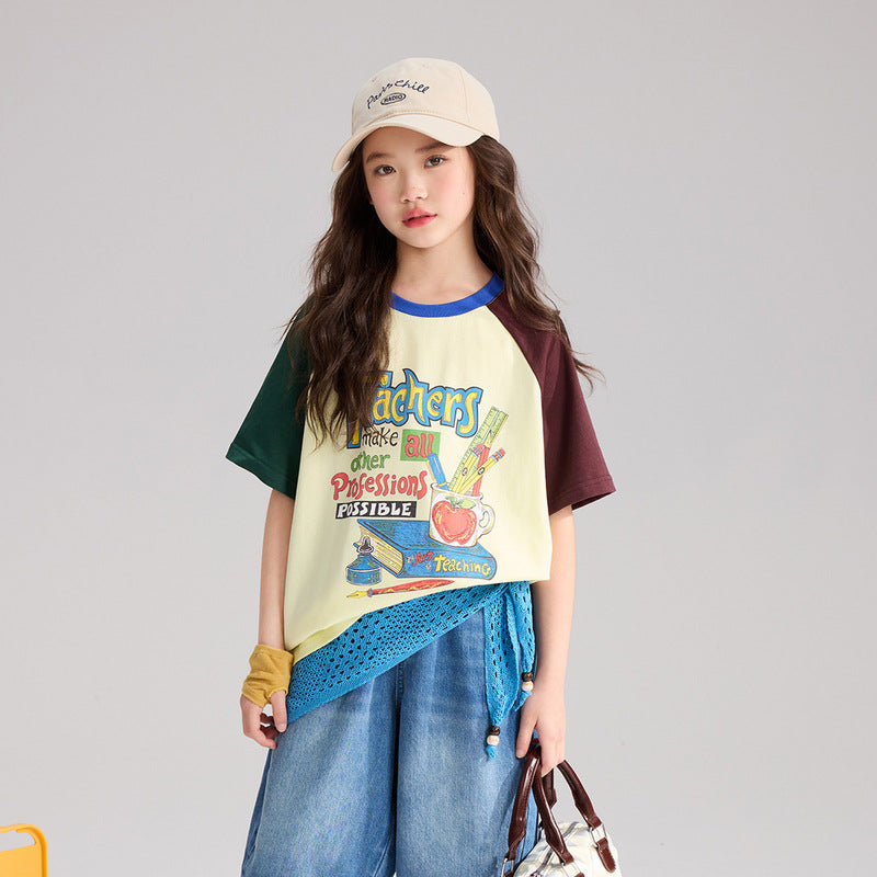 Children's Pudding Summer Raglan Sleeve Retro All Cotton Children's T-shirt