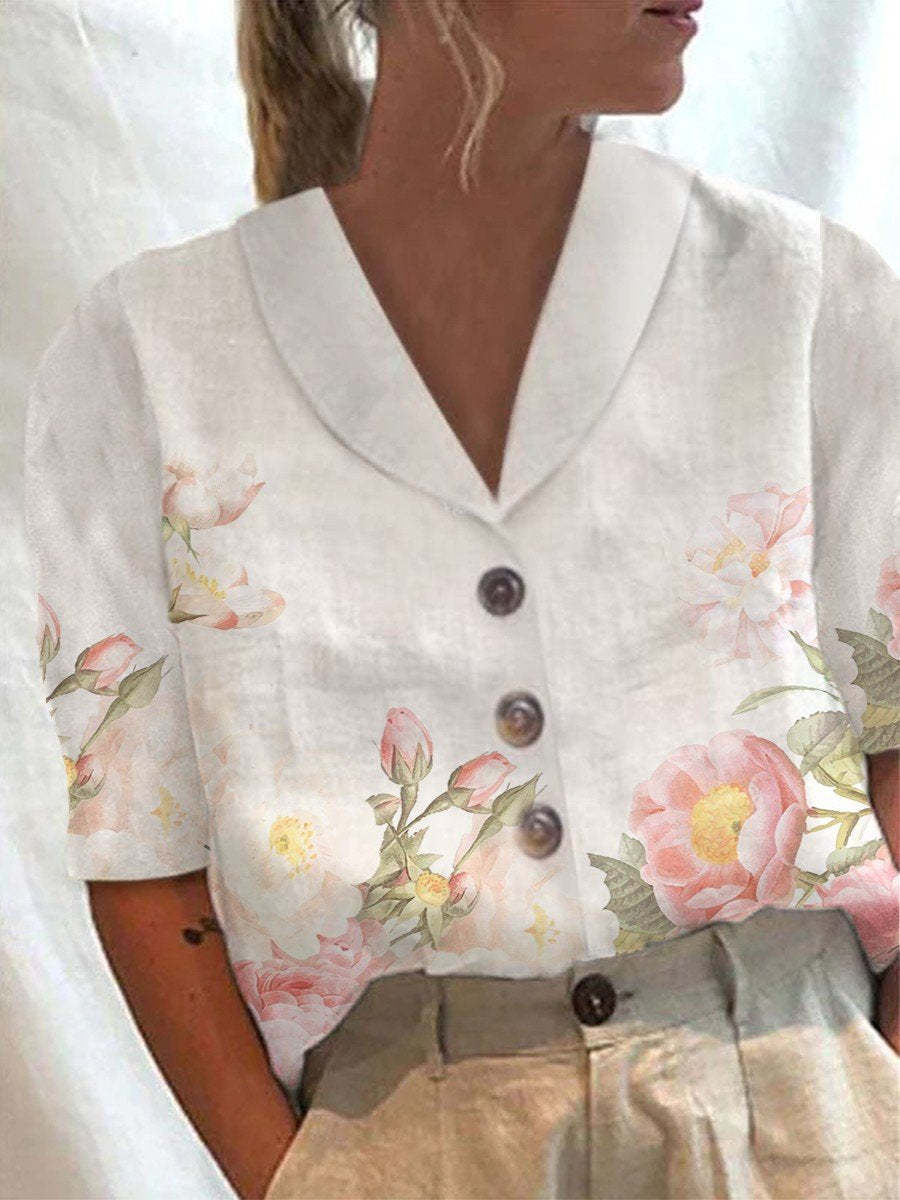 Women's Collar Button Casual Long Half Sleeve Cotton Blouse