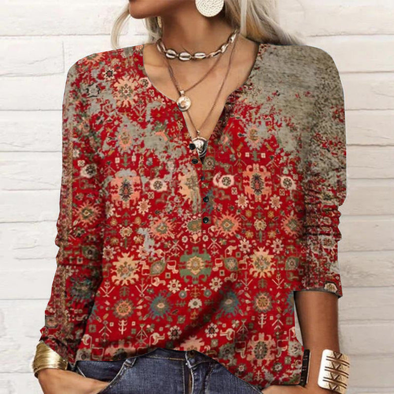Popular Women's Long-sleeved Printed Ethnic Fashion Women's T-shirt