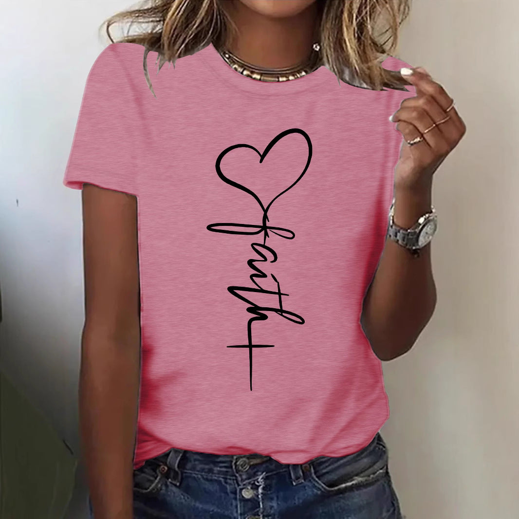 Women's Cute Printed Sleeve Elegant Heart Love Letter Pattern Round Neck Women's T-shirt