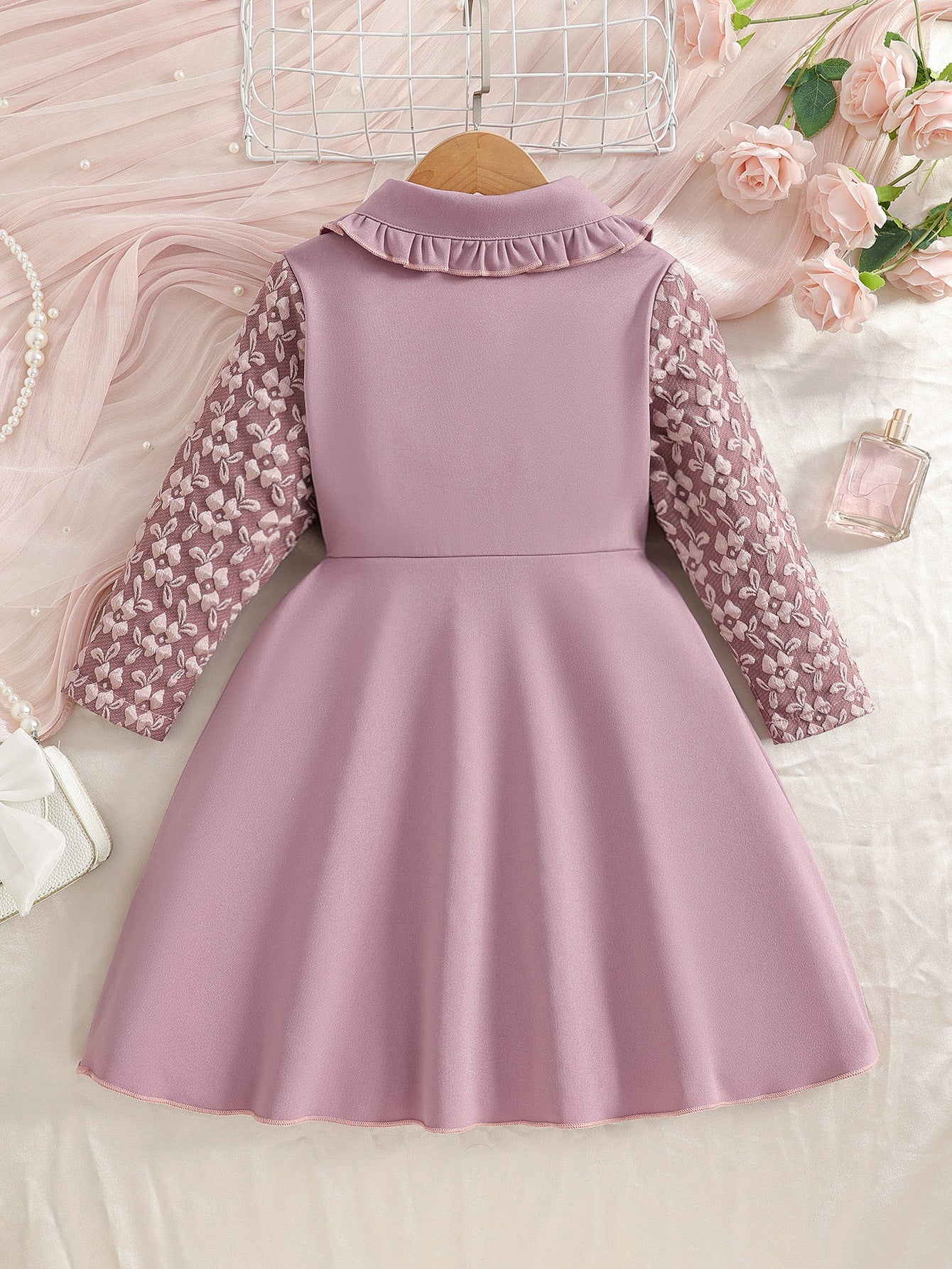 Purple Lace Long Sleeve Doll Collar Bow Children's Dress