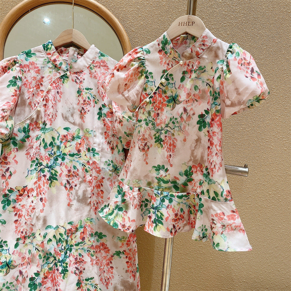 Southern Retro National Style Improved Chiffon Puff Children's Dress