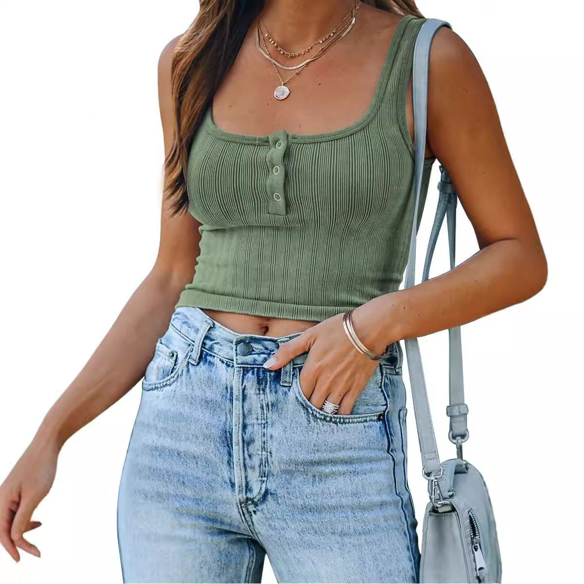Women's Decorated With Buttons Solid Color Casual Tops