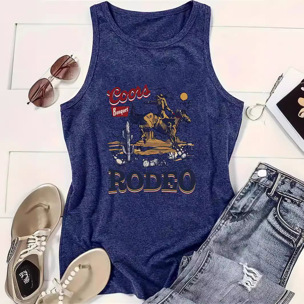 Women's Western Denim Sleeveless T-shirt Round Neck Pullover Vests