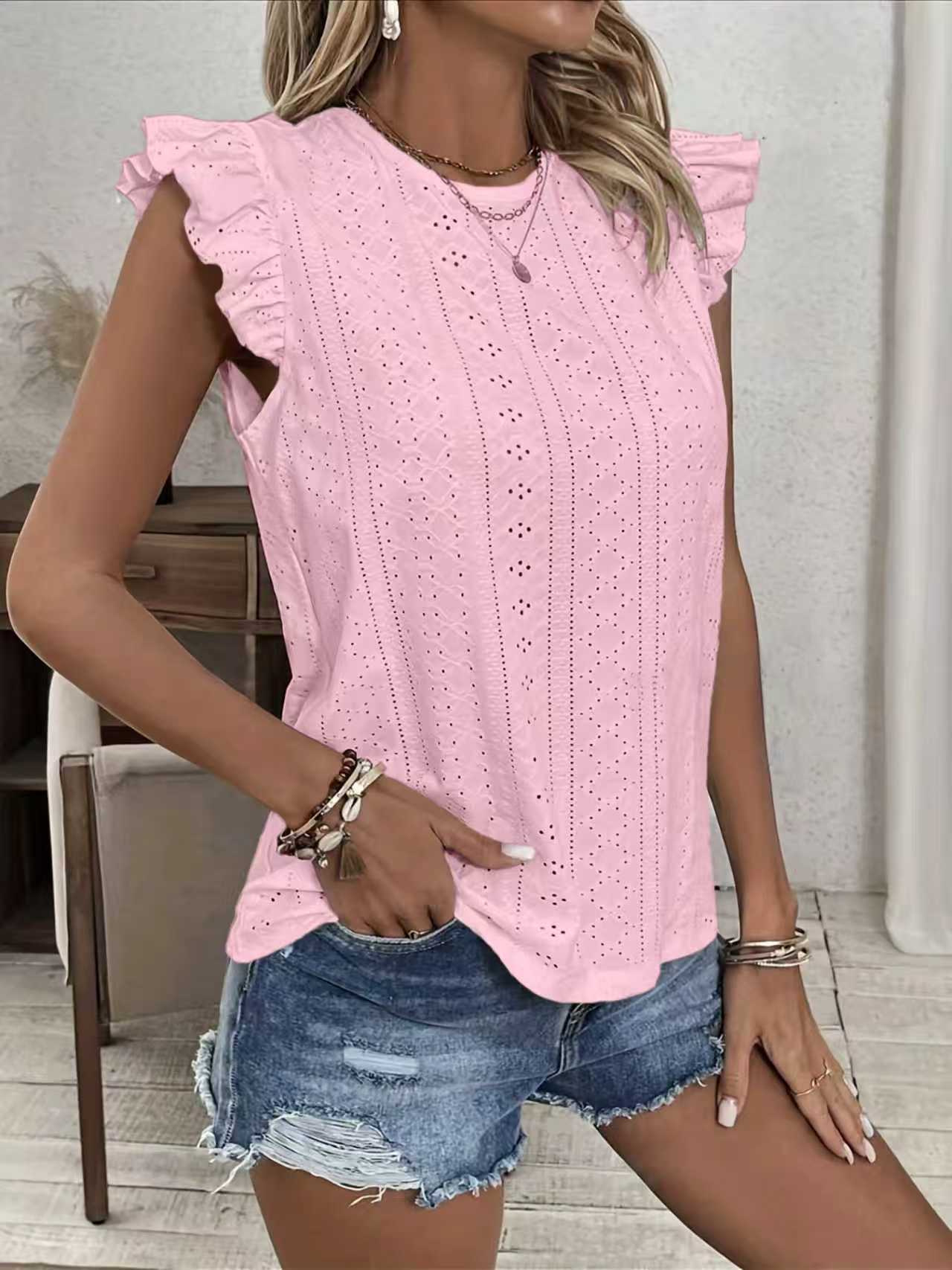 Women's Round Neck Ruffle Sleeve Slingback Solid Women's T-shirt