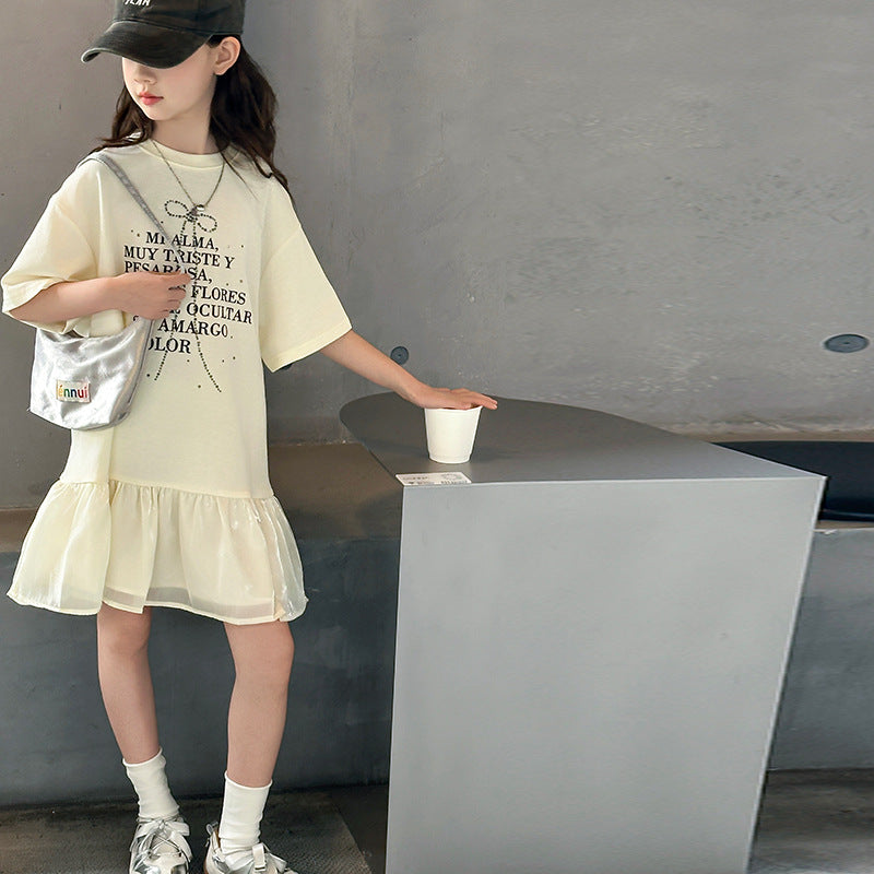 Children's Letter Printed T-shirt Skirt Mesh Stitching Rhinestone Children's Dress