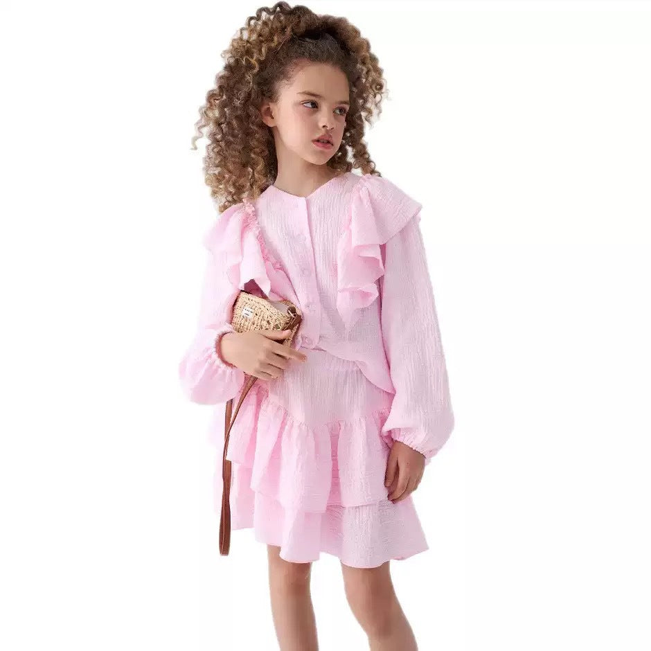 Flying Shoulder Sleeve Shirt Lace Skirt British Two-piece Children's Suit