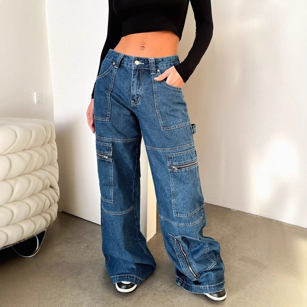 Women's American Retro High Waist Work Clothes Wide Leg Mopping Design Jeans