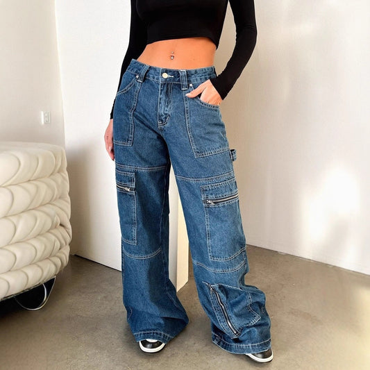 Women's American Retro High Waist Work Clothes Wide Leg Mopping Design Jeans