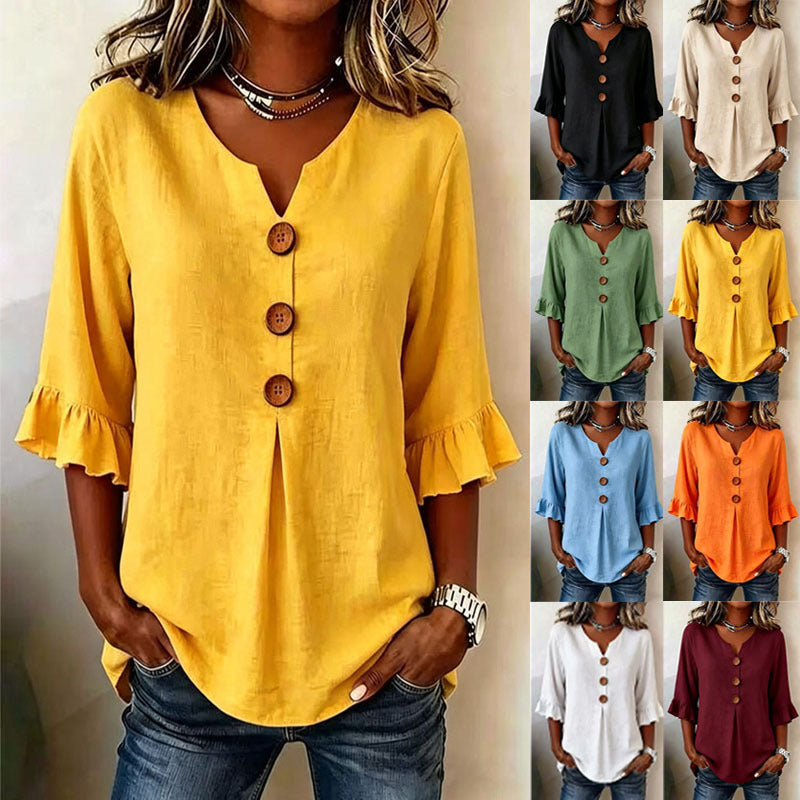 Women's Summer Buttons Ruffled Half Sleeves Loose Blouses