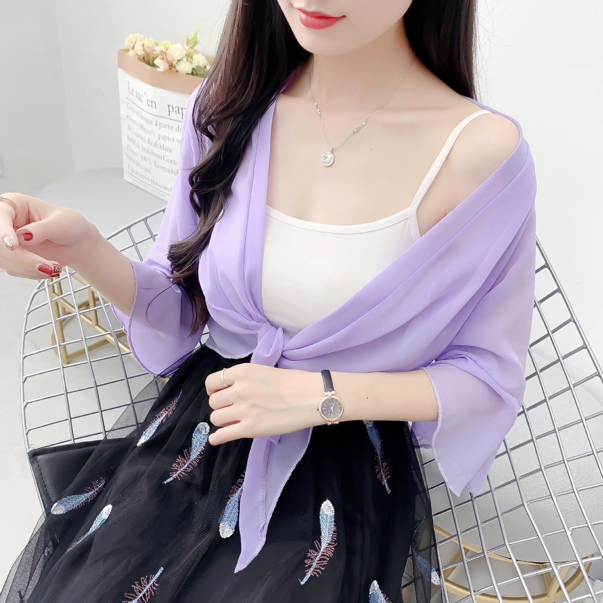 Women's Fairy Sun Protection Summer Lightweight Breathable Sling Dress Small Lace Shirt, Chiffon Shirt