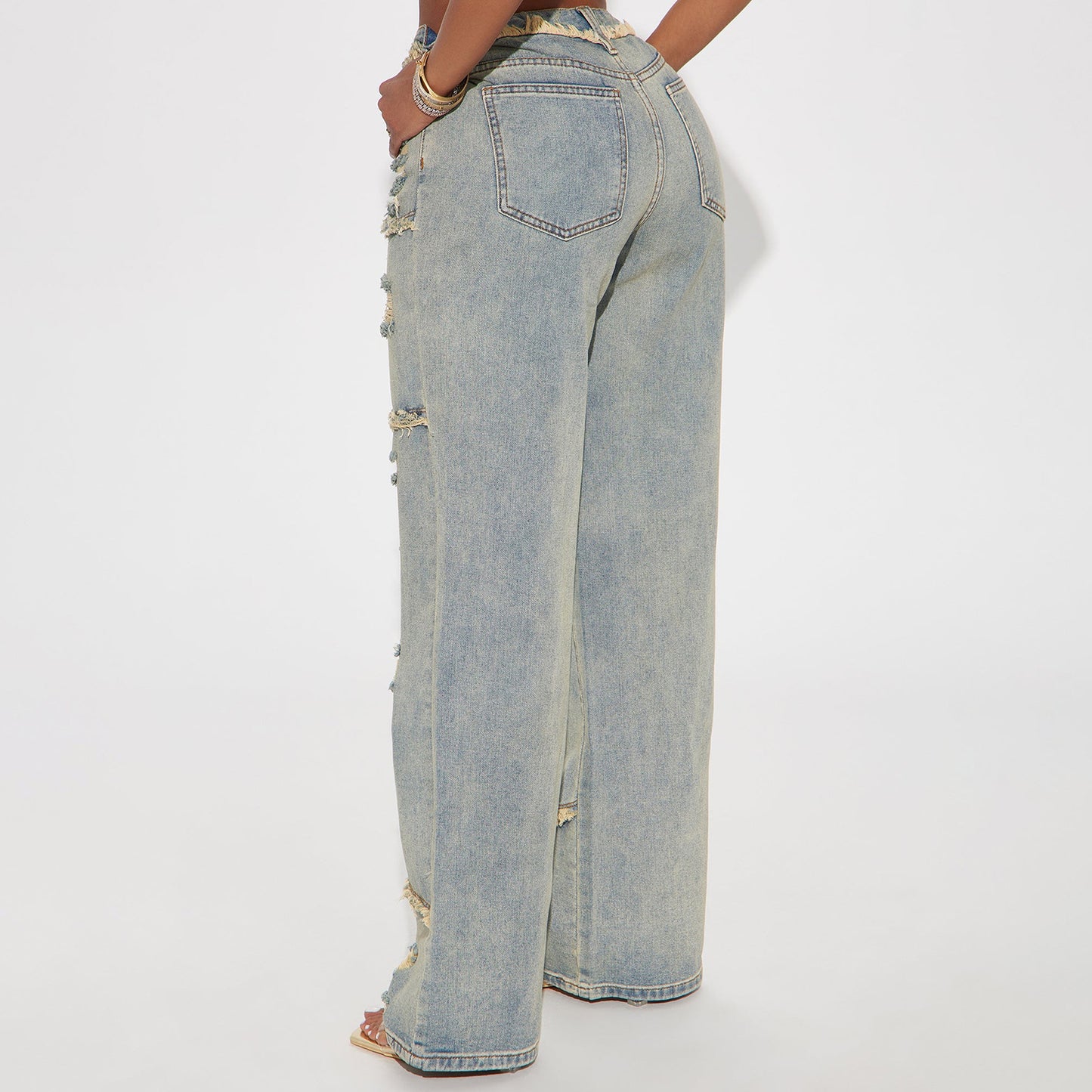 Women's Ripped Denim Trousers Loose Wide Leg Heavy High Street Ruffle Women's Jeans