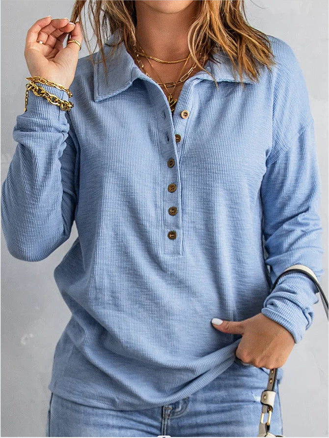 Women's Solid Color Single-breasted Lapel Long Sleeve Loose Casual Women's T-shirt