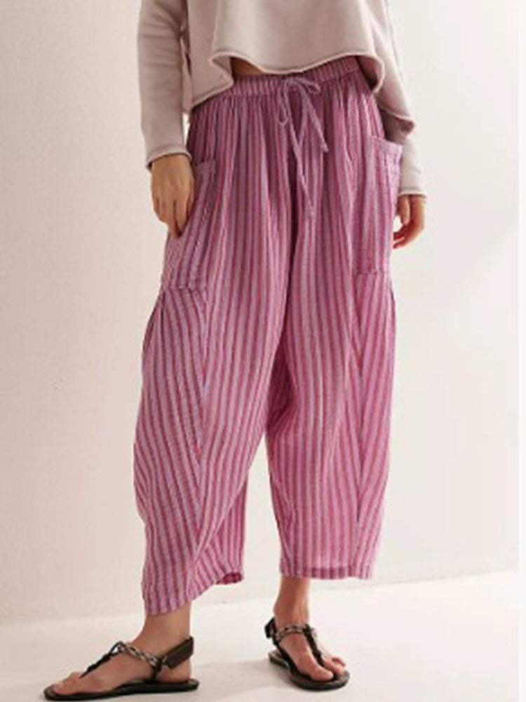 Women's Stripes Elastic Waist Cropped Pleated Breathable Contraction Pants