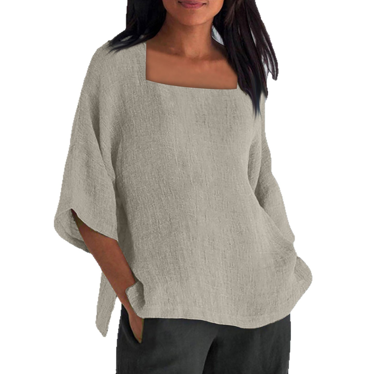 Women's Three-quarter Sleeve Square Collar Cotton Linen Blouse