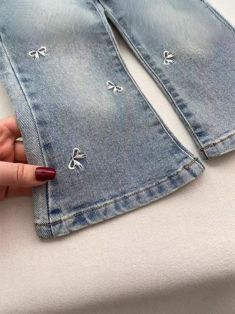 Western Style Exquisite Embroidered Bow Bell-bottom Children's Pants