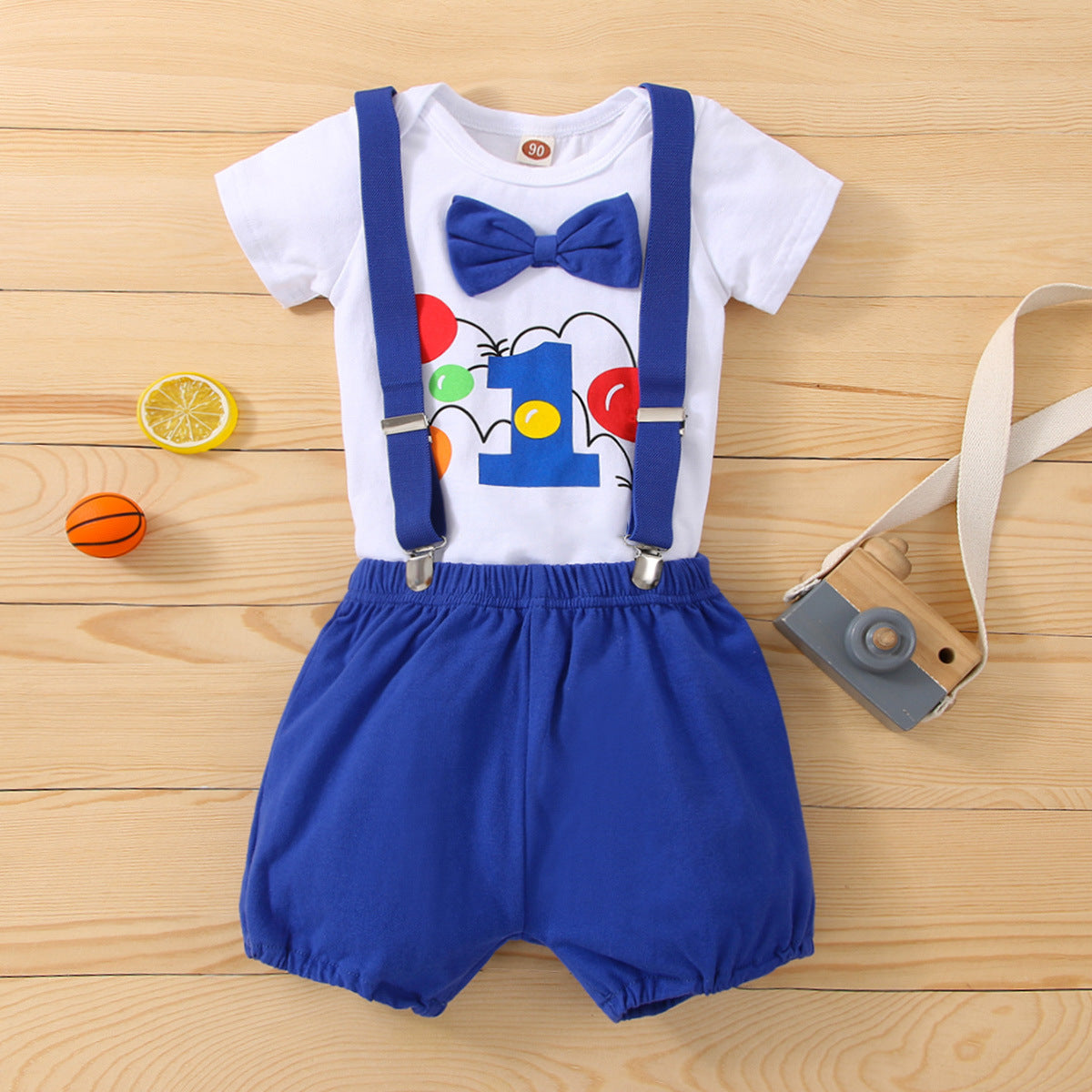 Boys Carrier Strap Short-sleeved Birthday Clothes Bow Print Romper Two-piece Jumpsuit, Climbing Suit