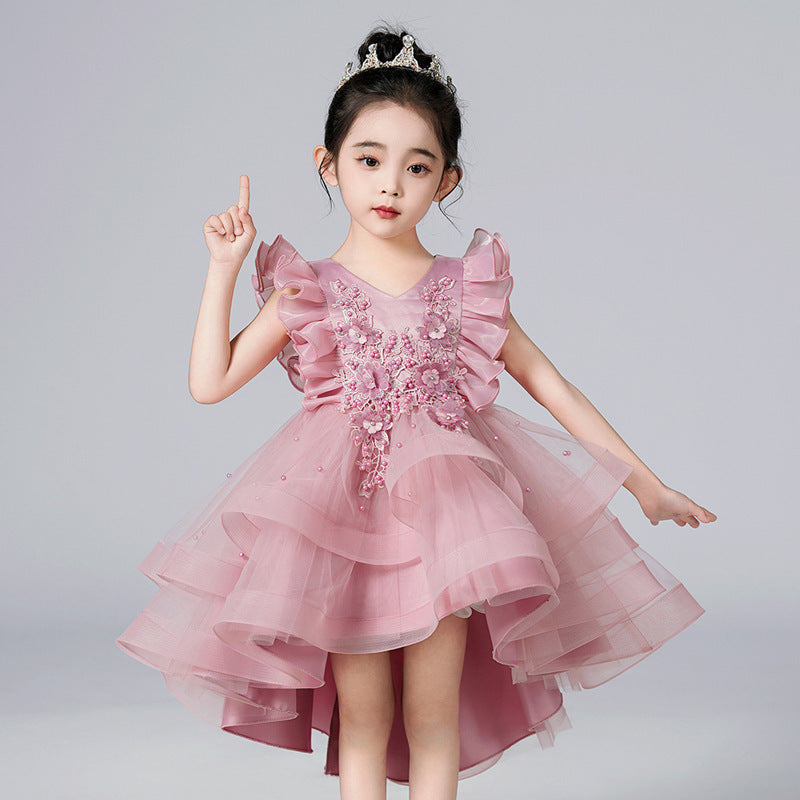 Summer Flounced Sleeve Trailing Mesh Bubble Skirt Princess Children's Dress