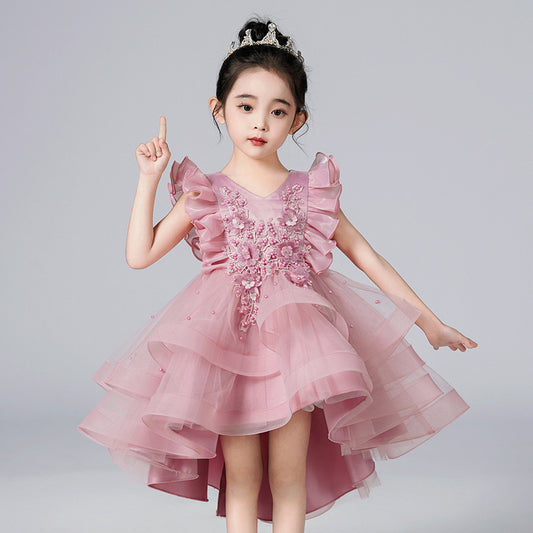Summer Flounced Sleeve Trailing Mesh Bubble Skirt Princess Children's Dress