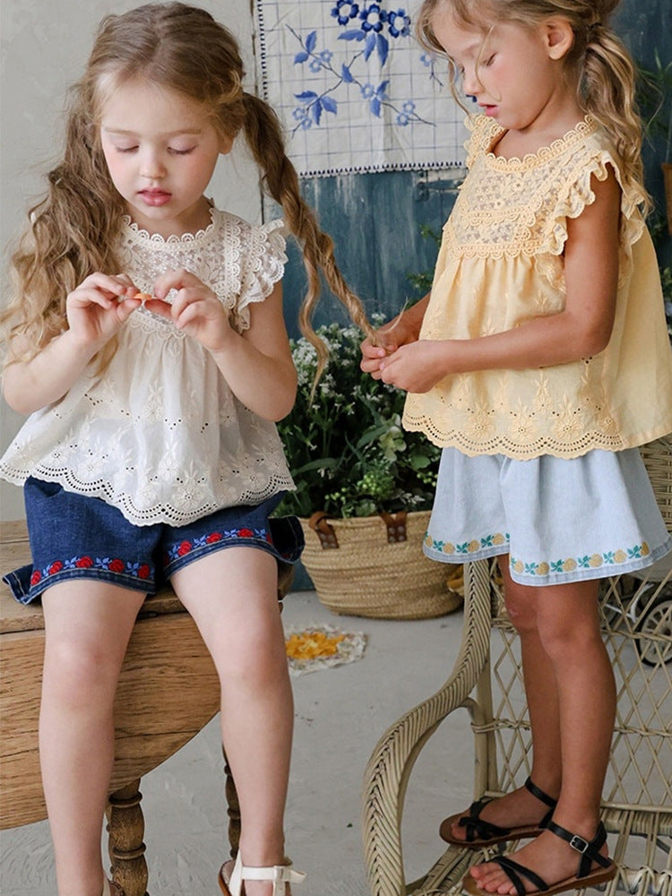 Strawberry Shan Fashionable Embroidery Flower Loose Wide Leg Children's Pants