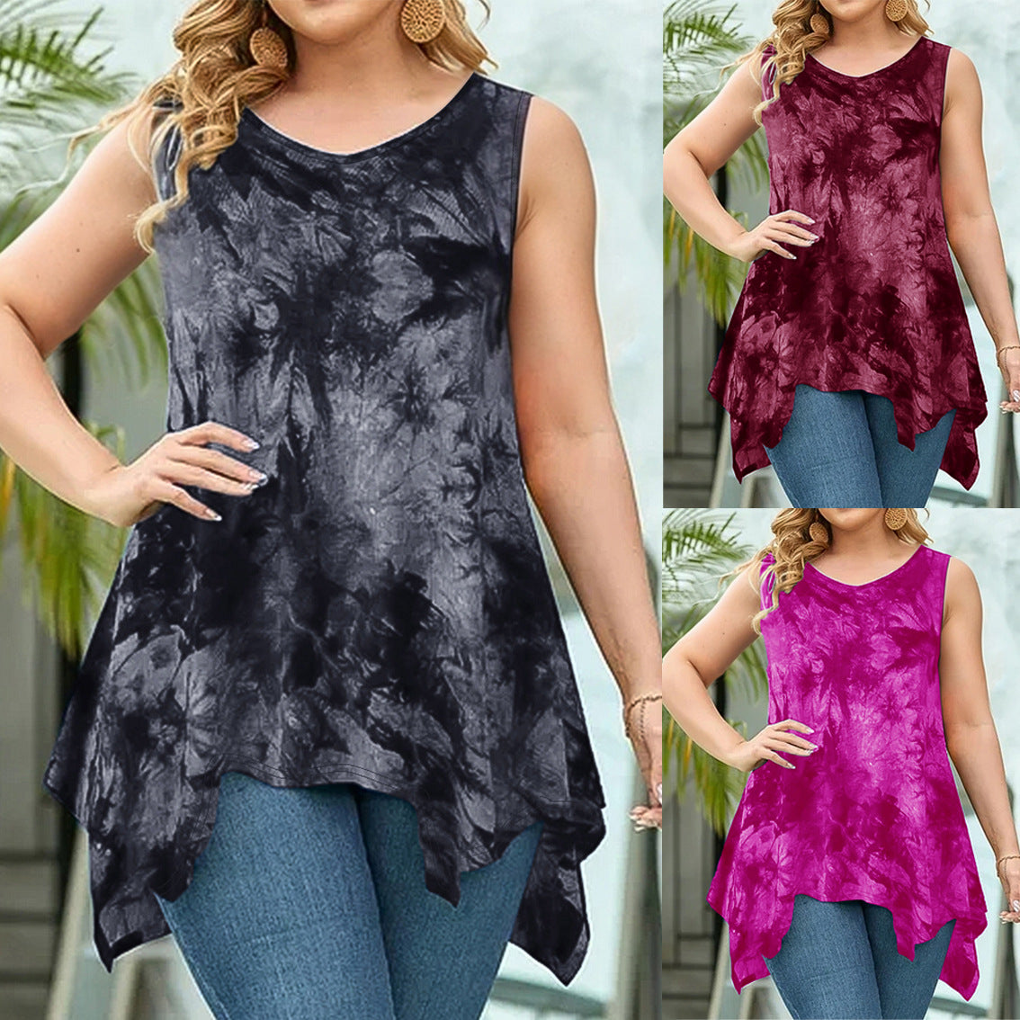 Women's Summer Irregular Hem Printed Sleeveless Tops