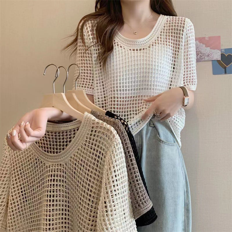 Women's Loose Sun Protection Shoulder Shirt Round Neck Mesh Hollow Women's T-shirt