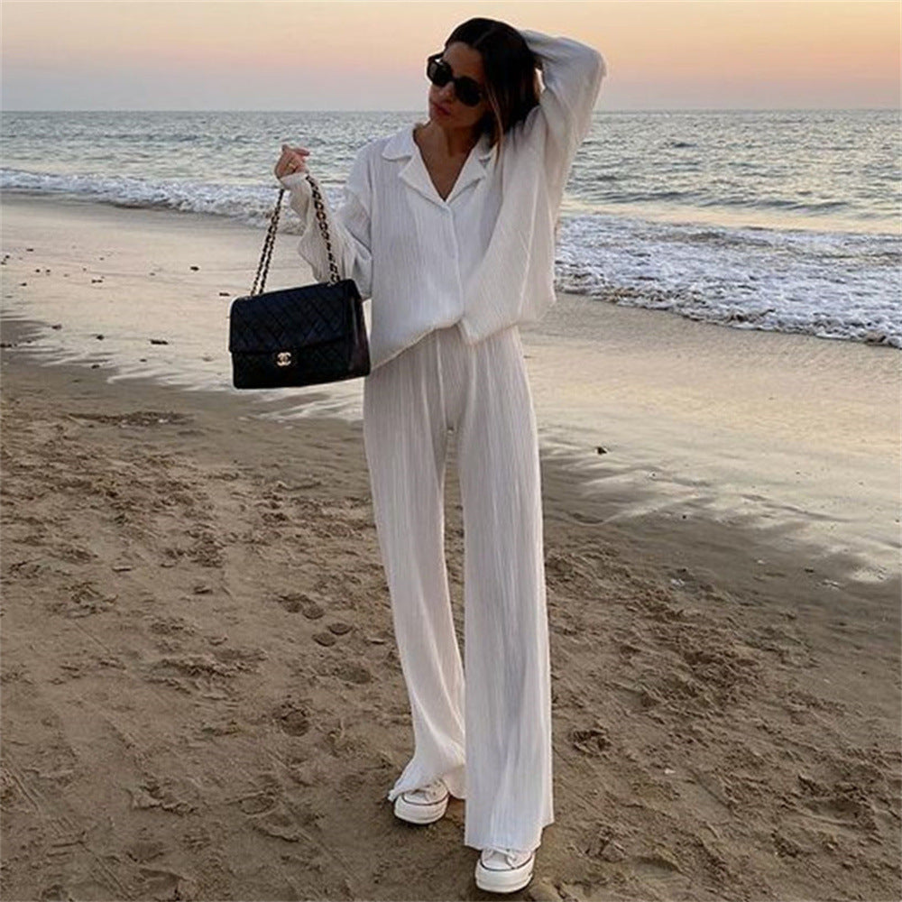 Women's Spring Pleated Design Shirt Outfit Trousers Loose Two-piece Set Fashion Casual Suit