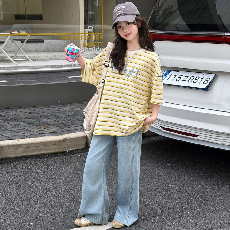 Children's Casual Summer Medium Large Striped Letters Short Sleeve Loose Half Children's Suit