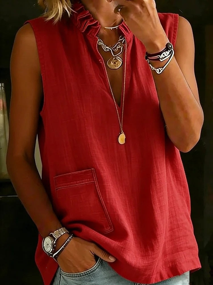 Elegant Stand Collar Ruffle Cotton Linen Shirt Summer Sleeveless Blouse
