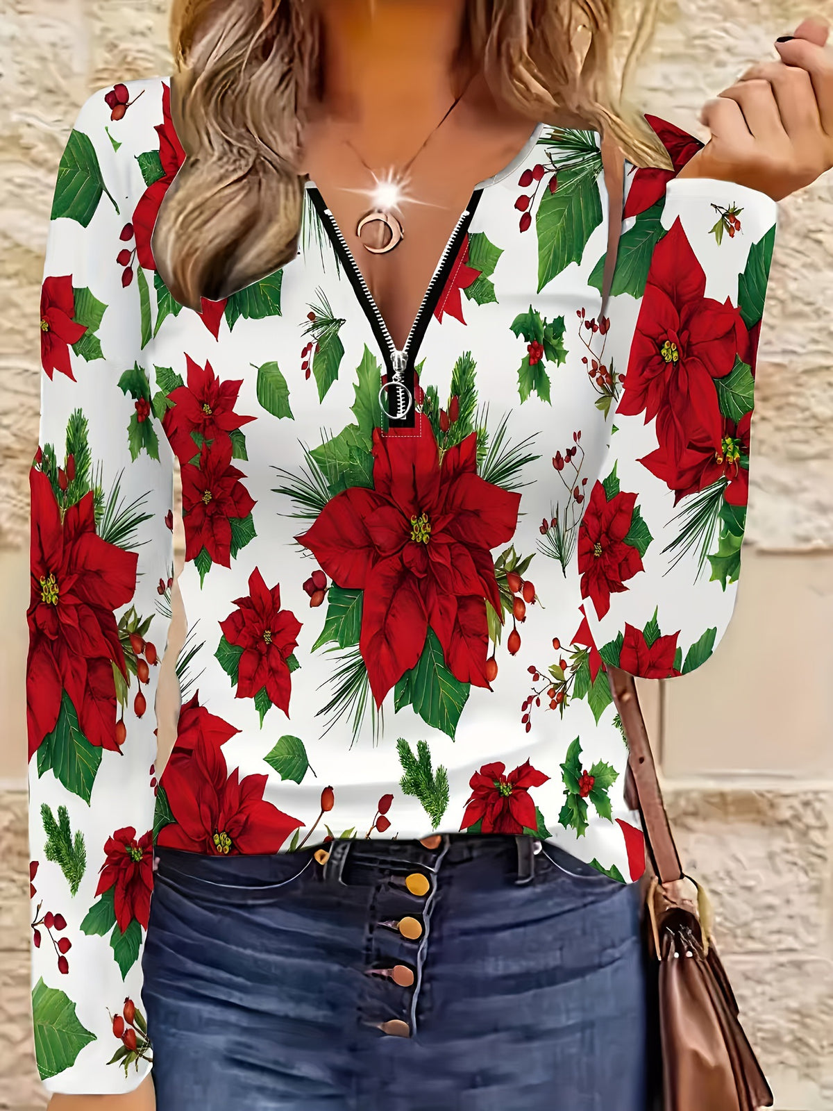Women's Long Sleeve Flower Print Half Casual Tops