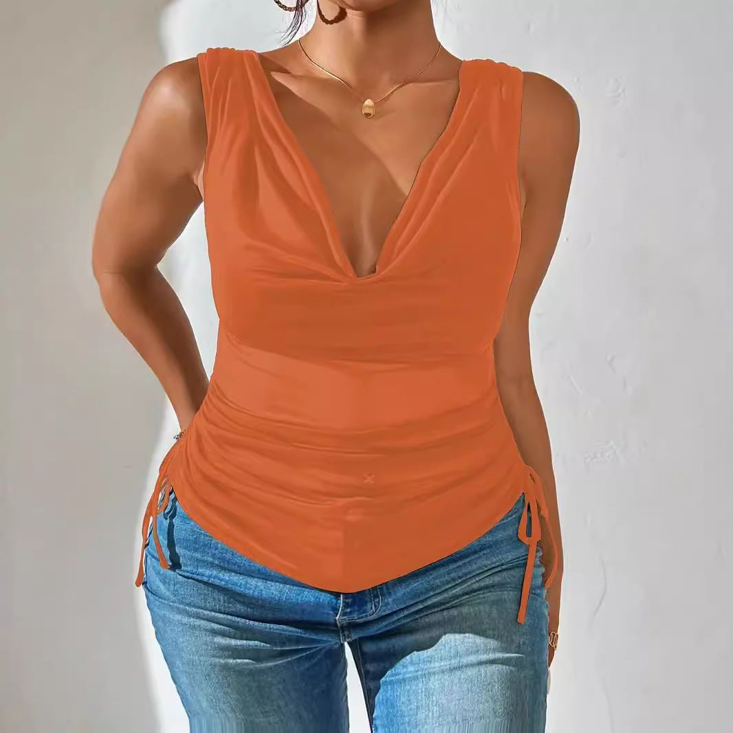Fashionable Sexy Pile Collar Deep V Solid Color Drawstring Small Vest/suspenders/tube Top